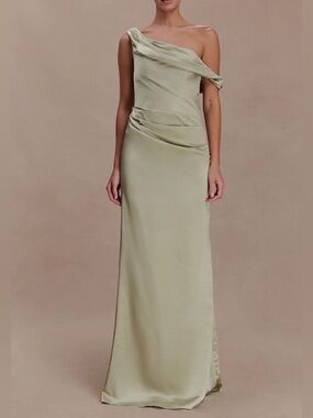 Meshki Dalia One-Shoulder Sage Green Evening Gown - New with Tags